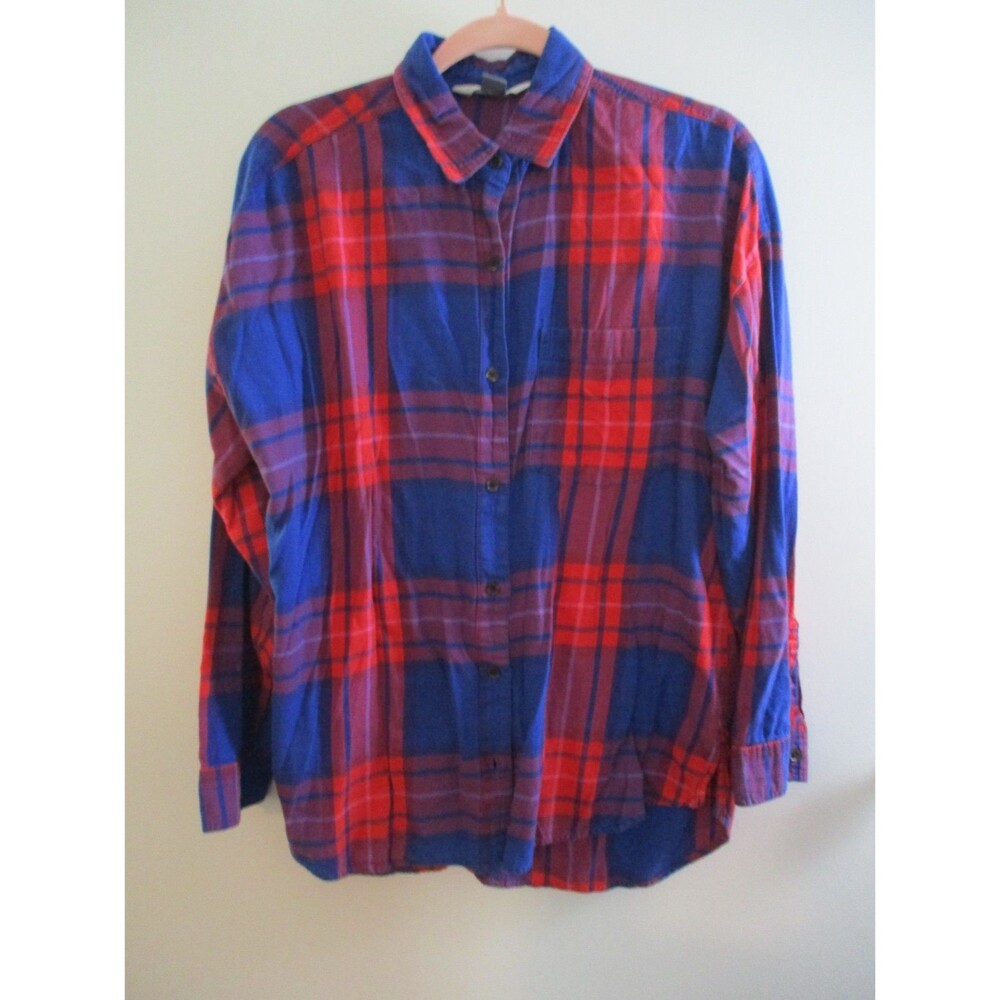 Old Navy Womens Sz L The Boyfriend Shirt Plaid Flannel Red Blue 100% Cotton